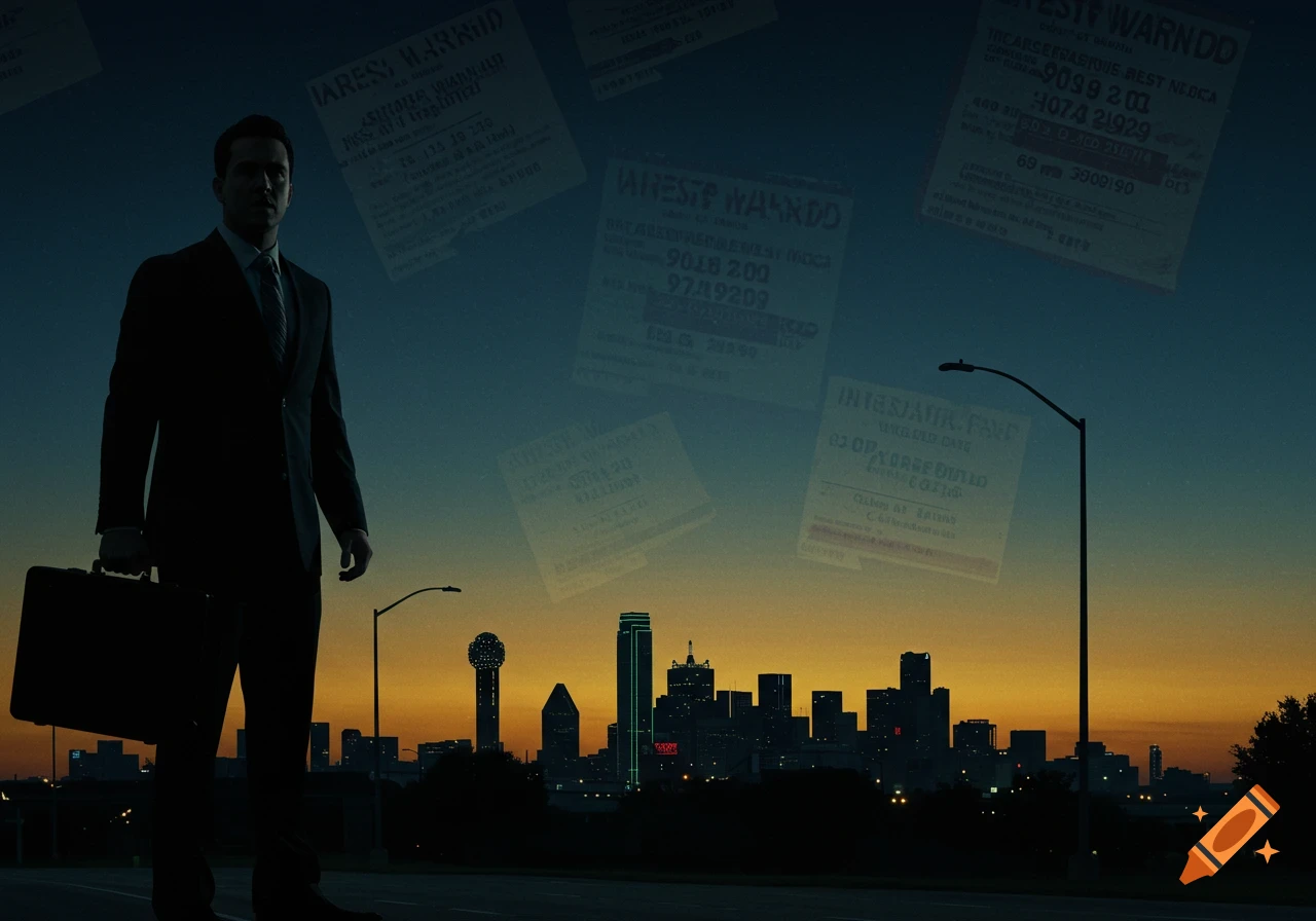 A man in a suit holding a briefcase stands silhouetted against a Dallas skyline at sunset, with floating "wanted" posters in the sky.
