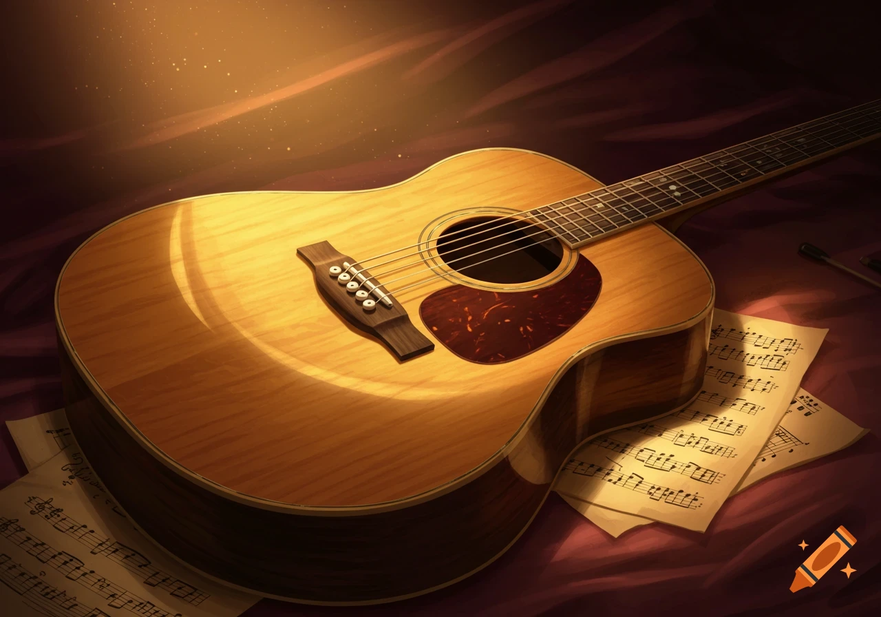 An acoustic guitar rests on a purple cloth next to sheet music, illuminated by a warm light.