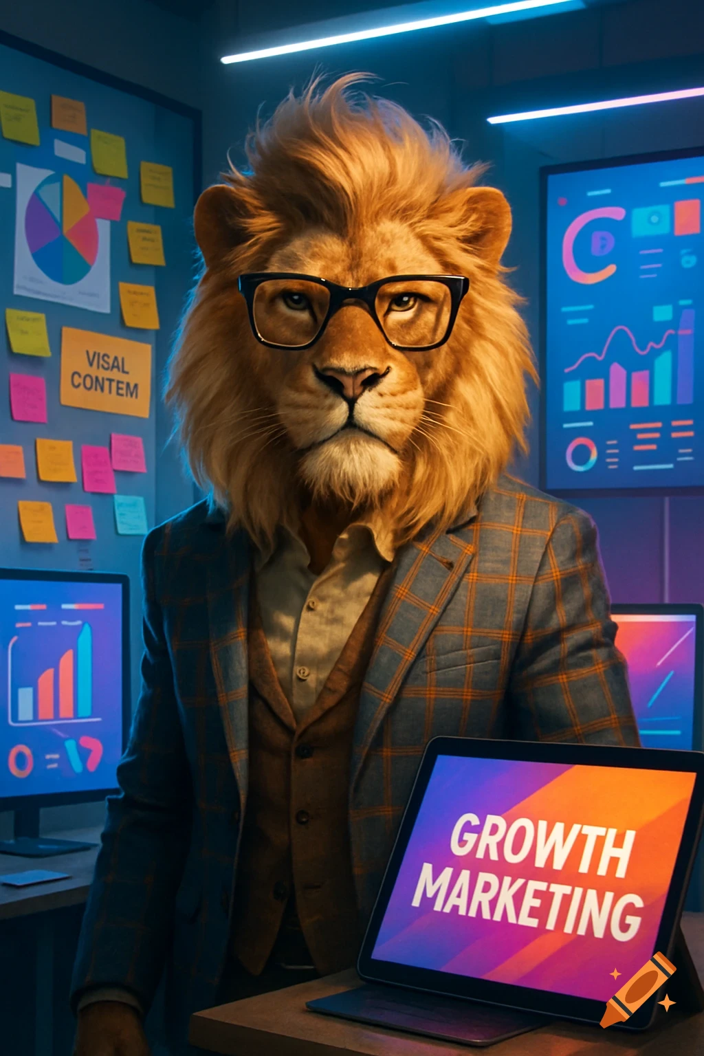 A photorealistic lion wearing glasses and a plaid blazer stands in a modern office with charts and a tablet showing 'GROWTH MARKETING'.