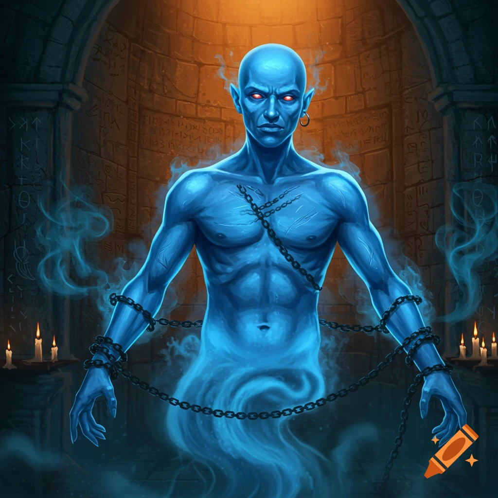 A blue, bald, spectral genie or ghost, bound by chains, floats in a dark, ancient stone chamber with candles and glowing runes.