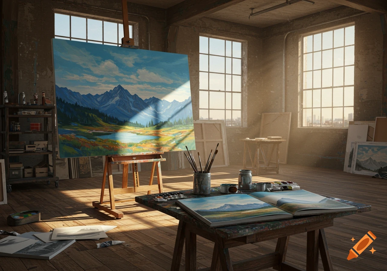 Photorealistic image of an artist's studio with a large landscape painting on an easel and art supplies on a table.