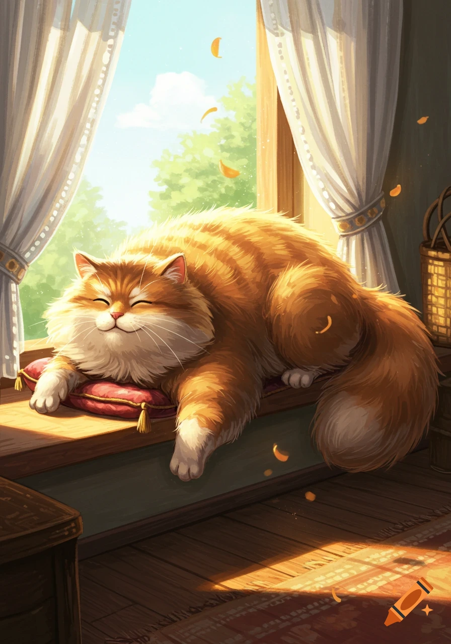 Fluffy orange cat sleeps peacefully on a red pillow on a sunlit windowsill, light streaming through curtains. Illustrated style.