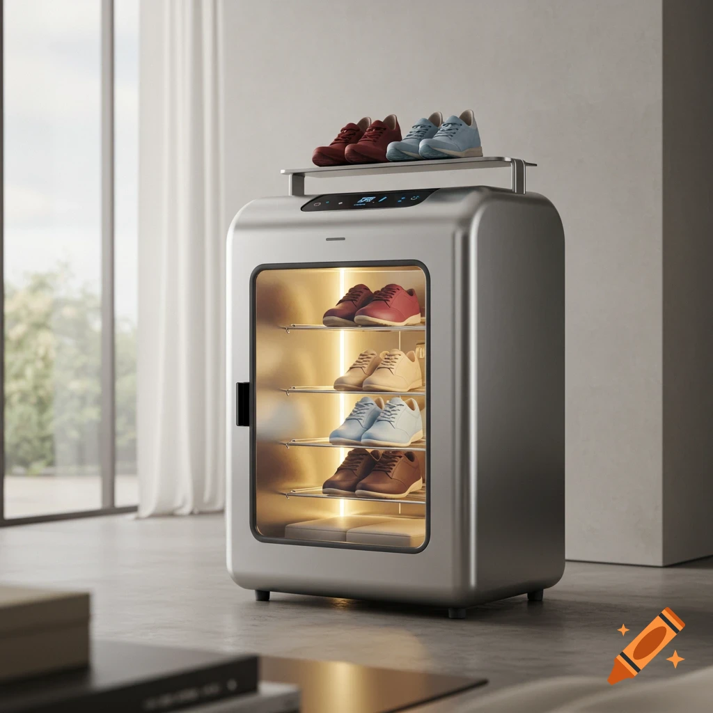 A modern silver shoe dryer box holds and displays several pairs of sneakers in a bright room.