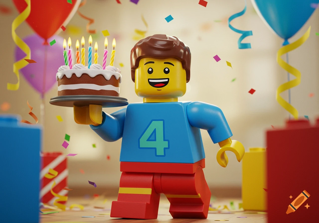 A cartoon Lego man with a blue shirt and red shorts, wearing the number 4, holds a birthday cake with candles as confetti falls.