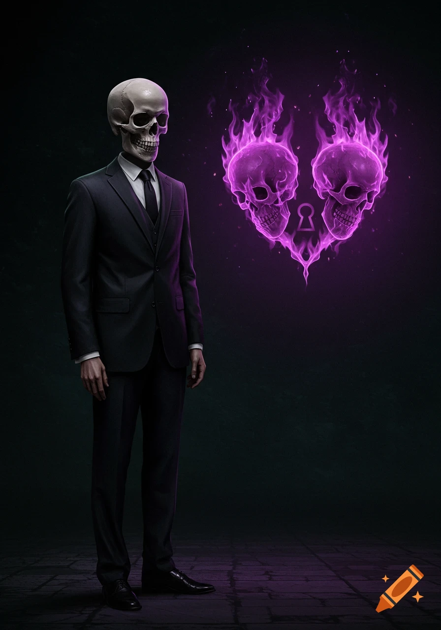 A man in a suit with a skull head stands beside two flaming purple skulls forming a heart with a padlock.