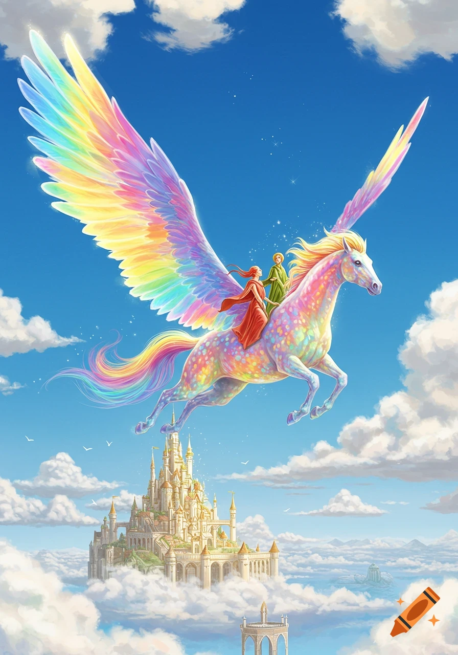 A vibrant rainbow Pegasus flies through a bright blue sky, carrying two figures above a golden castle nestled in white clouds.
