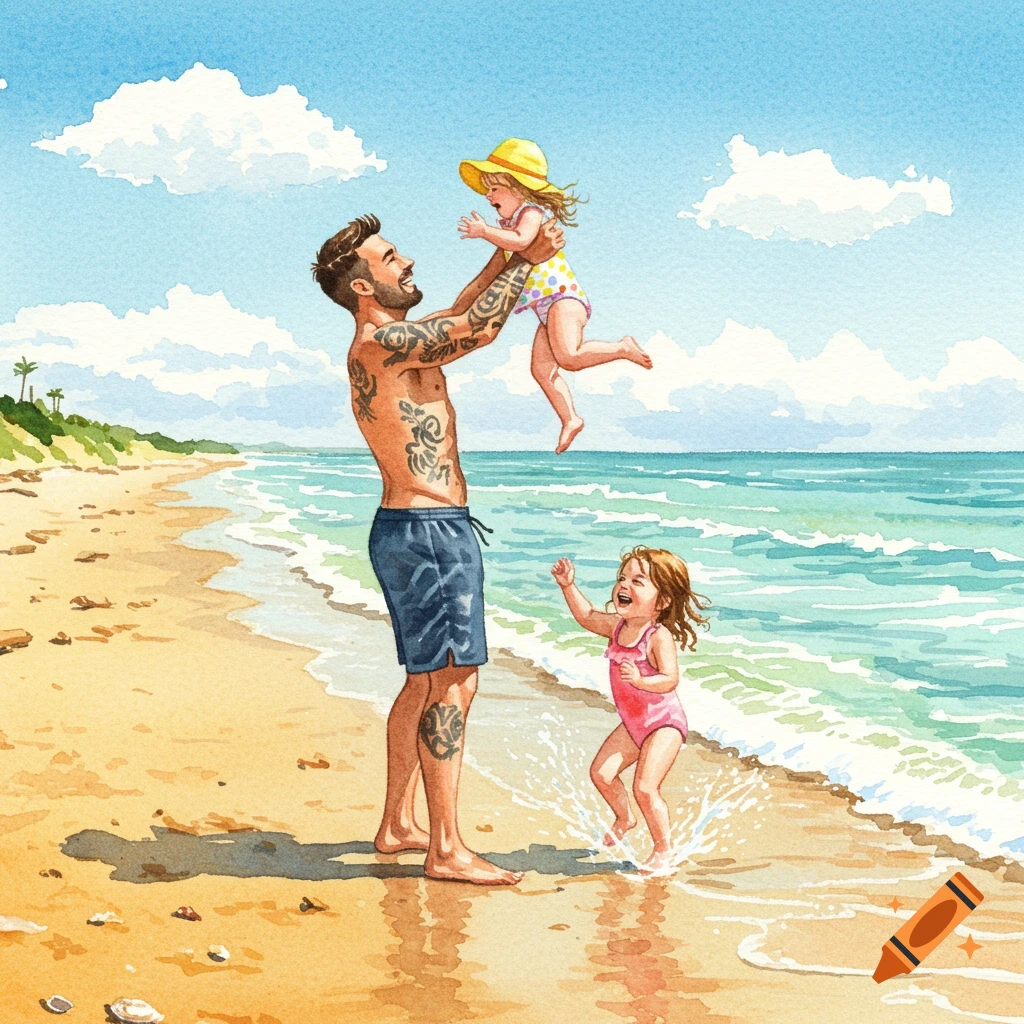 Watercolor painting of a father playing with his two young daughters on a sunny beach.