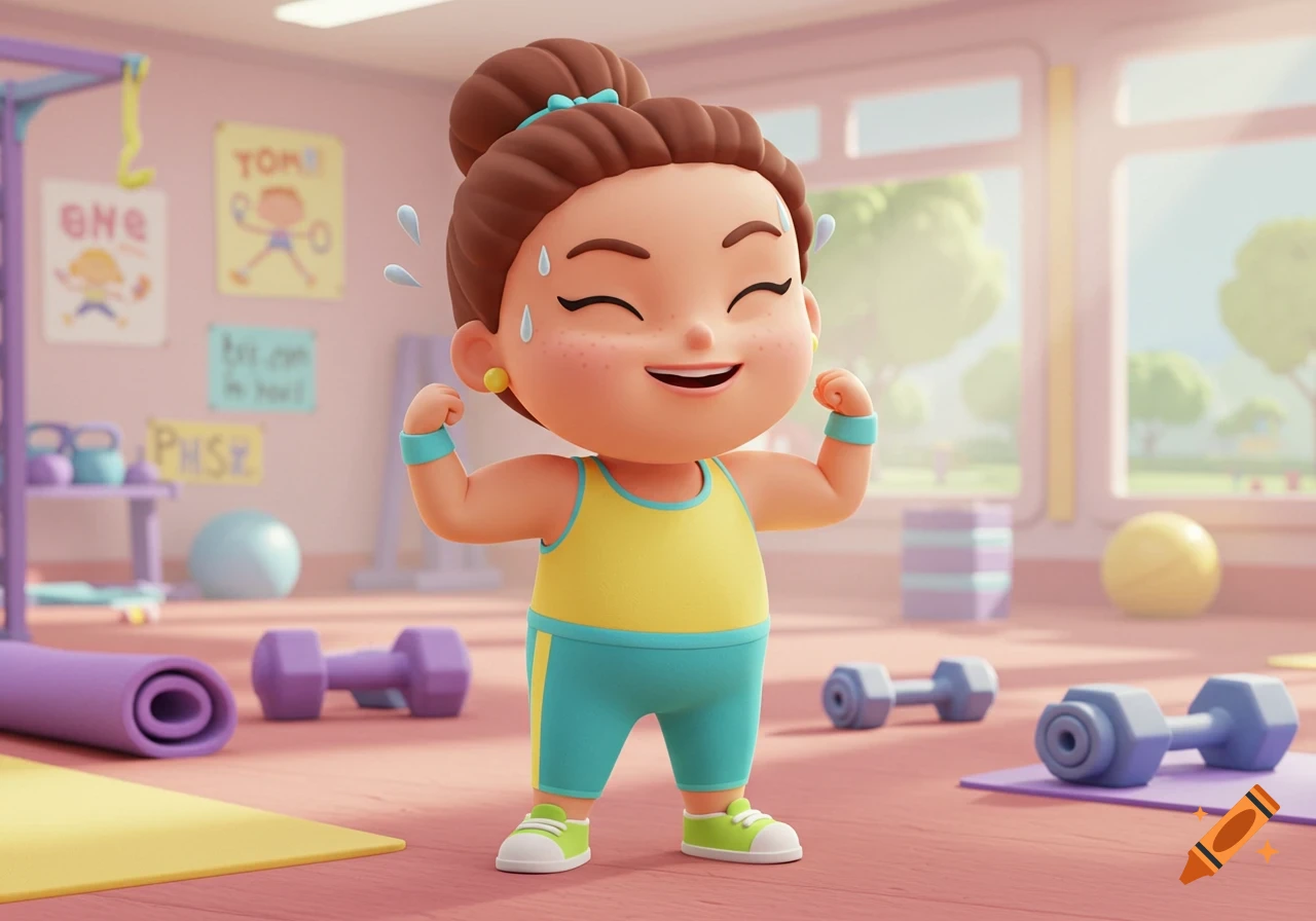 A cute cartoon character, sweating and smiling, flexes her arm muscles in a bright gym with workout equipment.