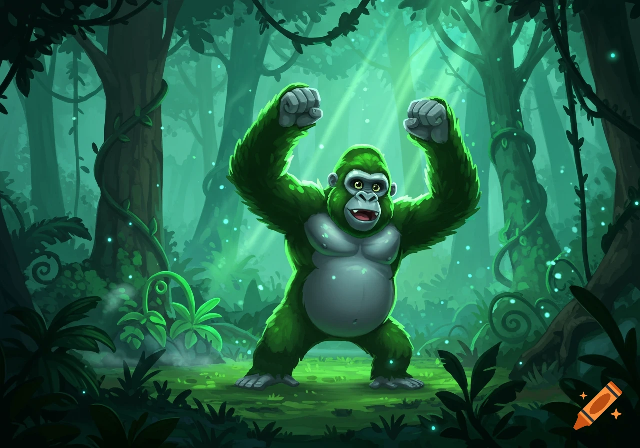 A green cartoon gorilla raises its arms in a vibrant green jungle with light rays and glowing particles.