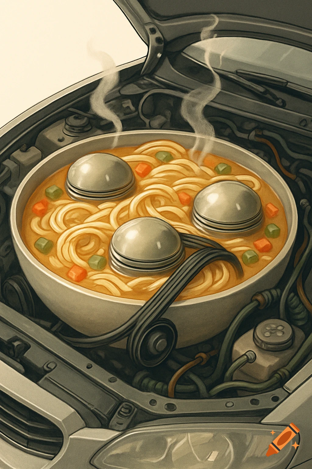 A bowl of steaming chicken noodle soup with engine pistons and a car belt floating in it, placed inside a car's open engine bay.
