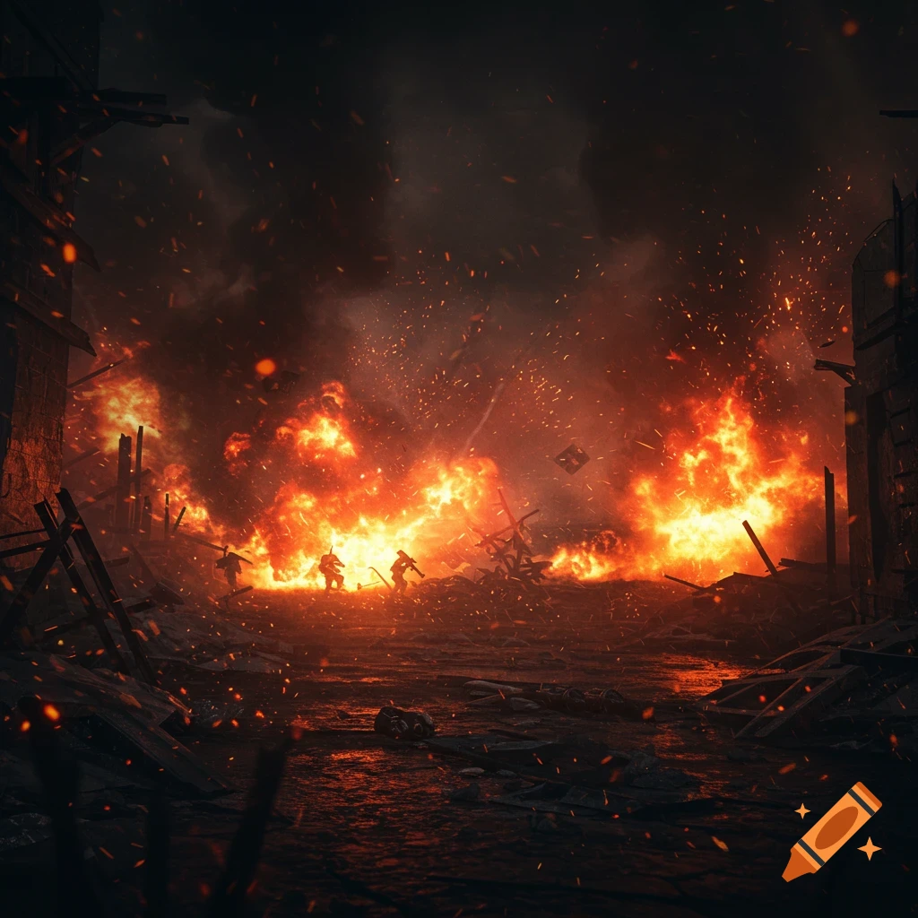 Silhouetted soldiers amidst massive fiery explosions and destruction in a dark, war-torn landscape, in a digital painting style.