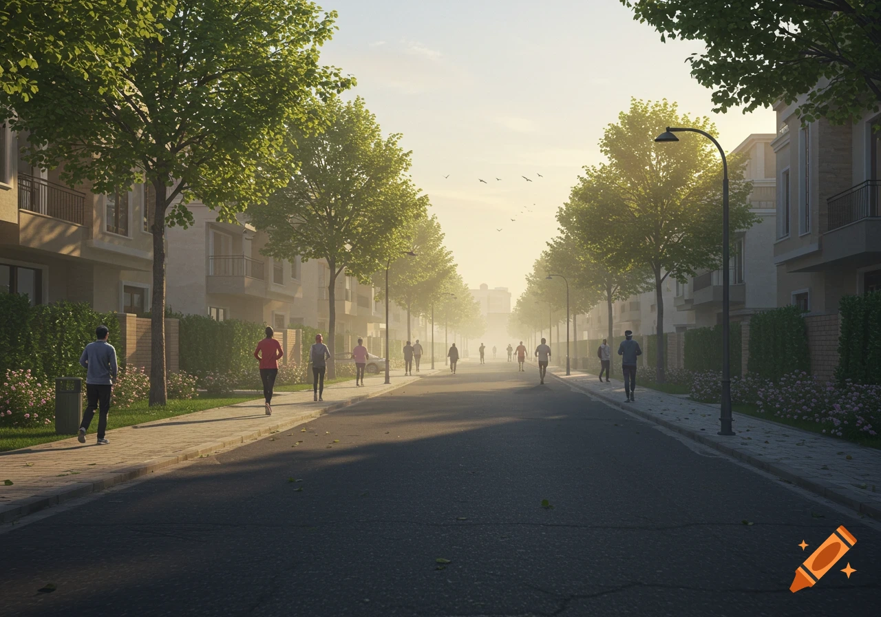 A serene, sunlit residential street lined with trees and houses, where people are walking and jogging in the early morning.