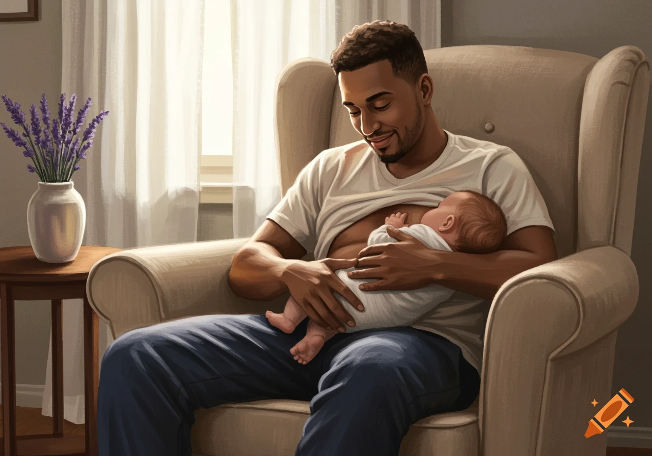 A man lovingly breastfeeds a baby while sitting in an armchair by a window, illustrated in a realistic style.