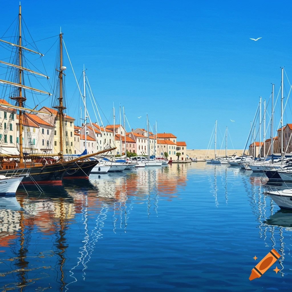 A vibrant blue harbor scene with many sailboats and large masts reflecting on calm water, lined by colorful European-style buildings under a clear sky.
