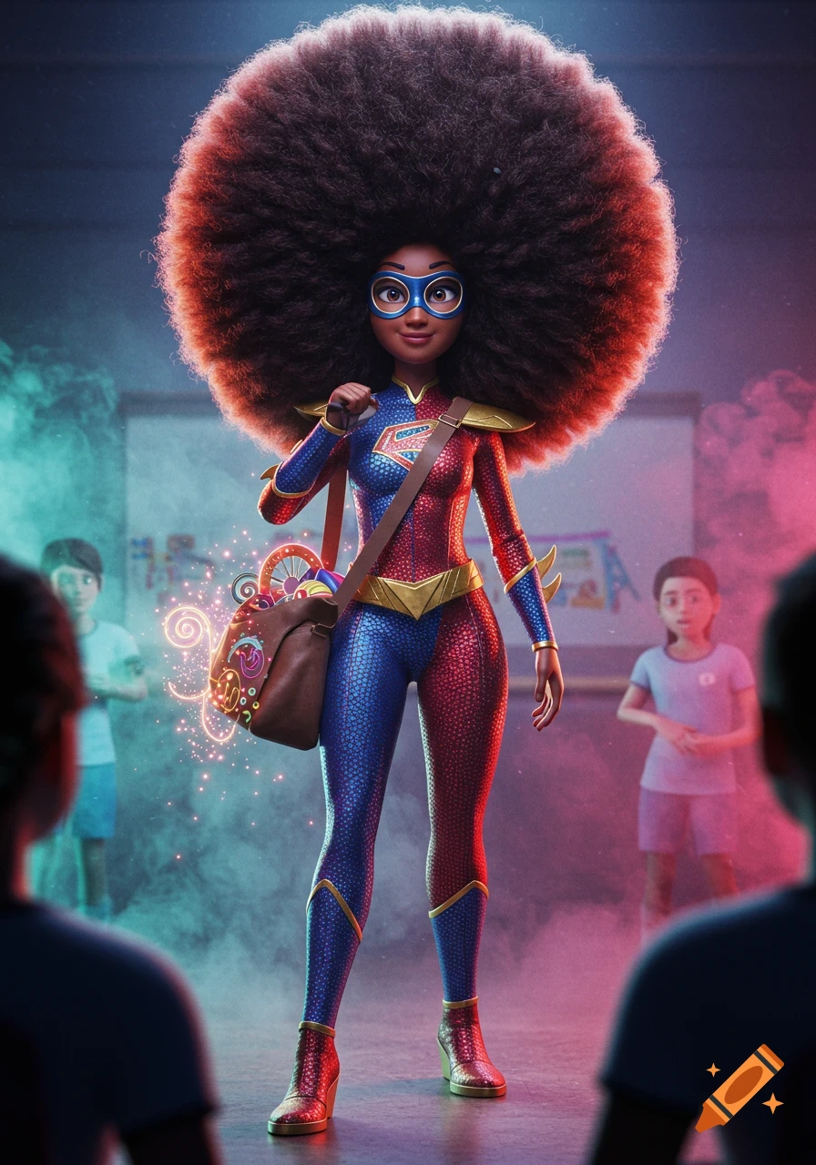 A 3D render of a superheroine with a large afro, wearing a red and blue suit, mask, and magical bag, standing confidently.