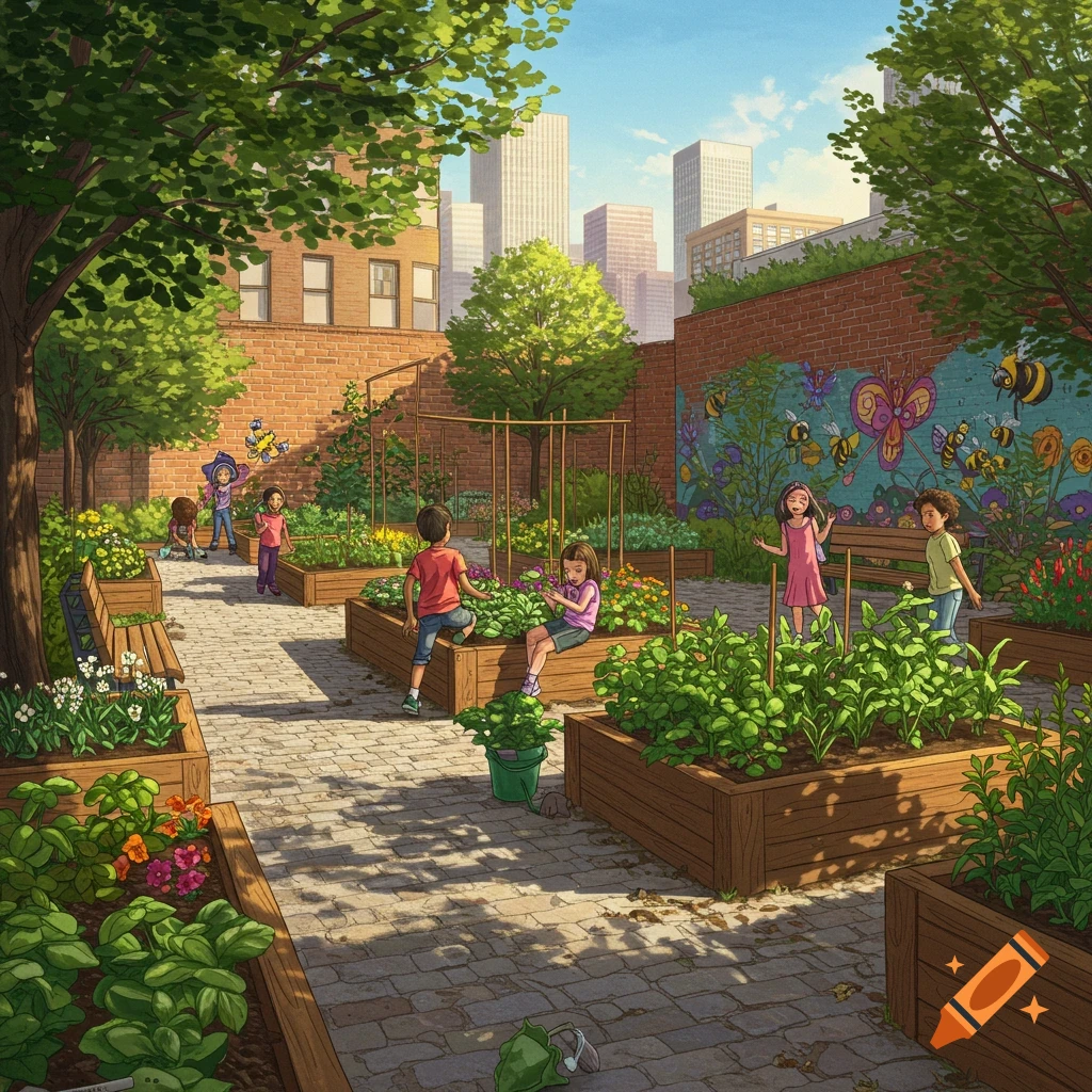Children tending to plants in a vibrant city community garden with raised beds, surrounded by brick walls and buildings, with a colorful mural.