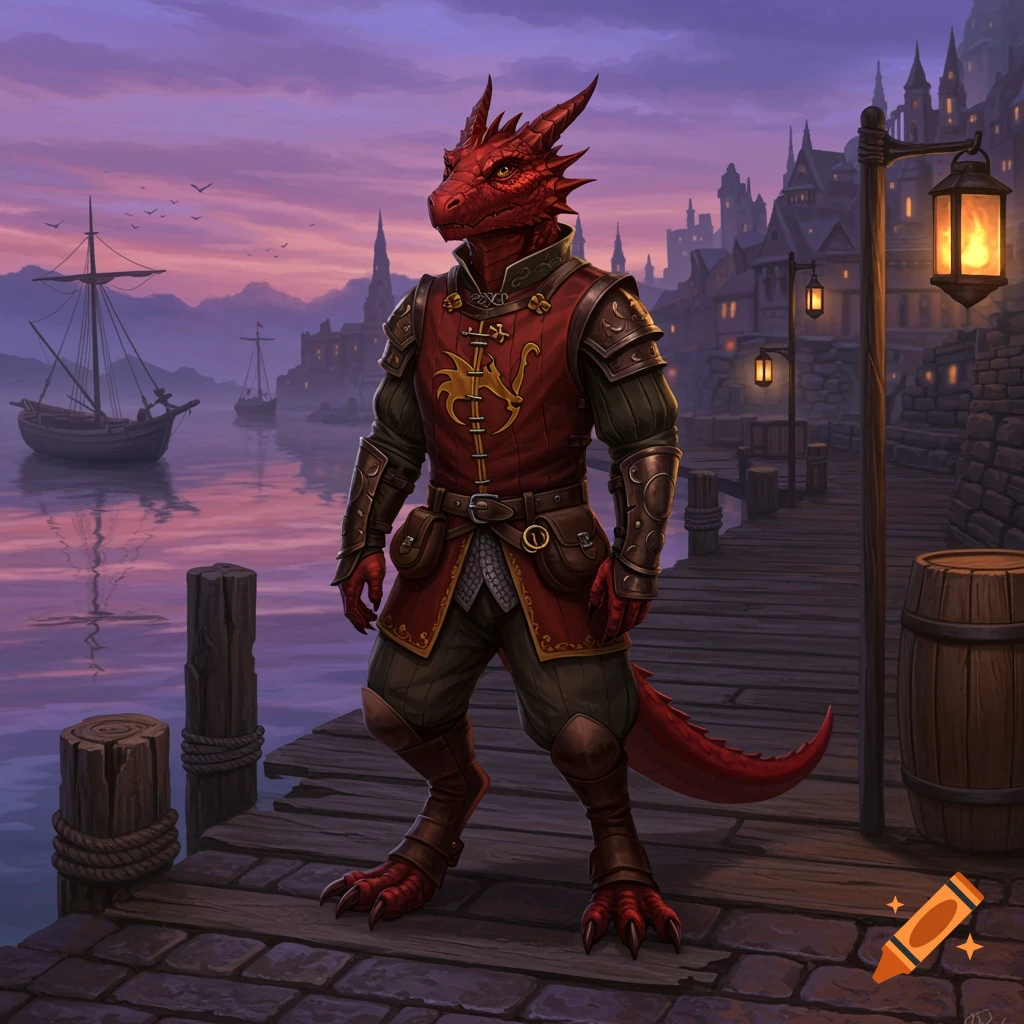 A red kobold in medieval armor stands on a wooden dock by a harbor with ships and a town at sunset.