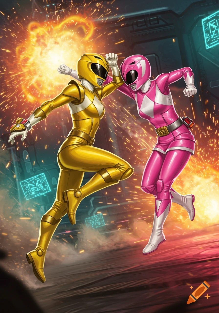 The Yellow and Pink Power Rangers fight in an action pose amidst an explosion in a sci-fi setting, rendered in a comic book art style.