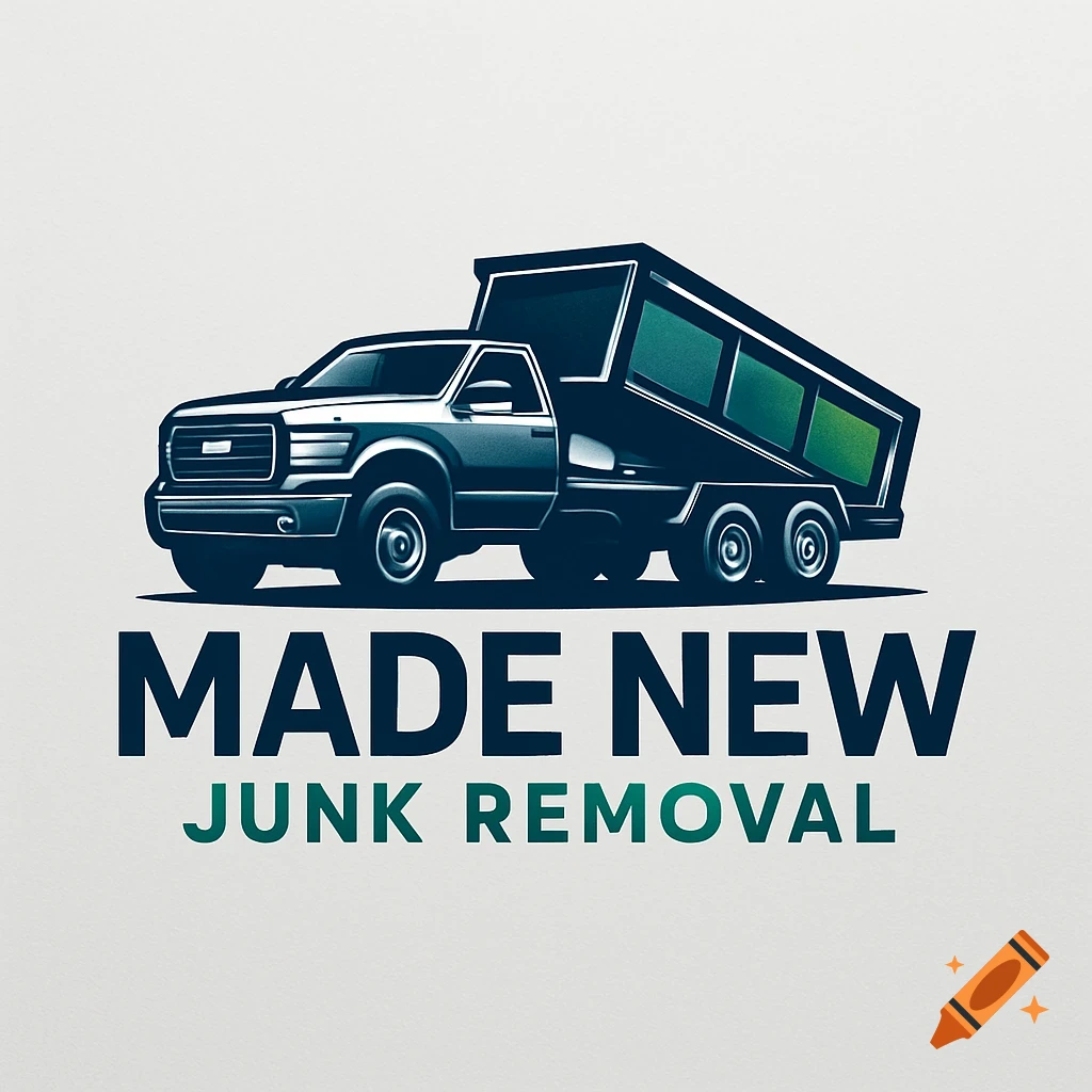 A blue and green logo for 'Made New Junk Removal' featuring a stylized dump truck.