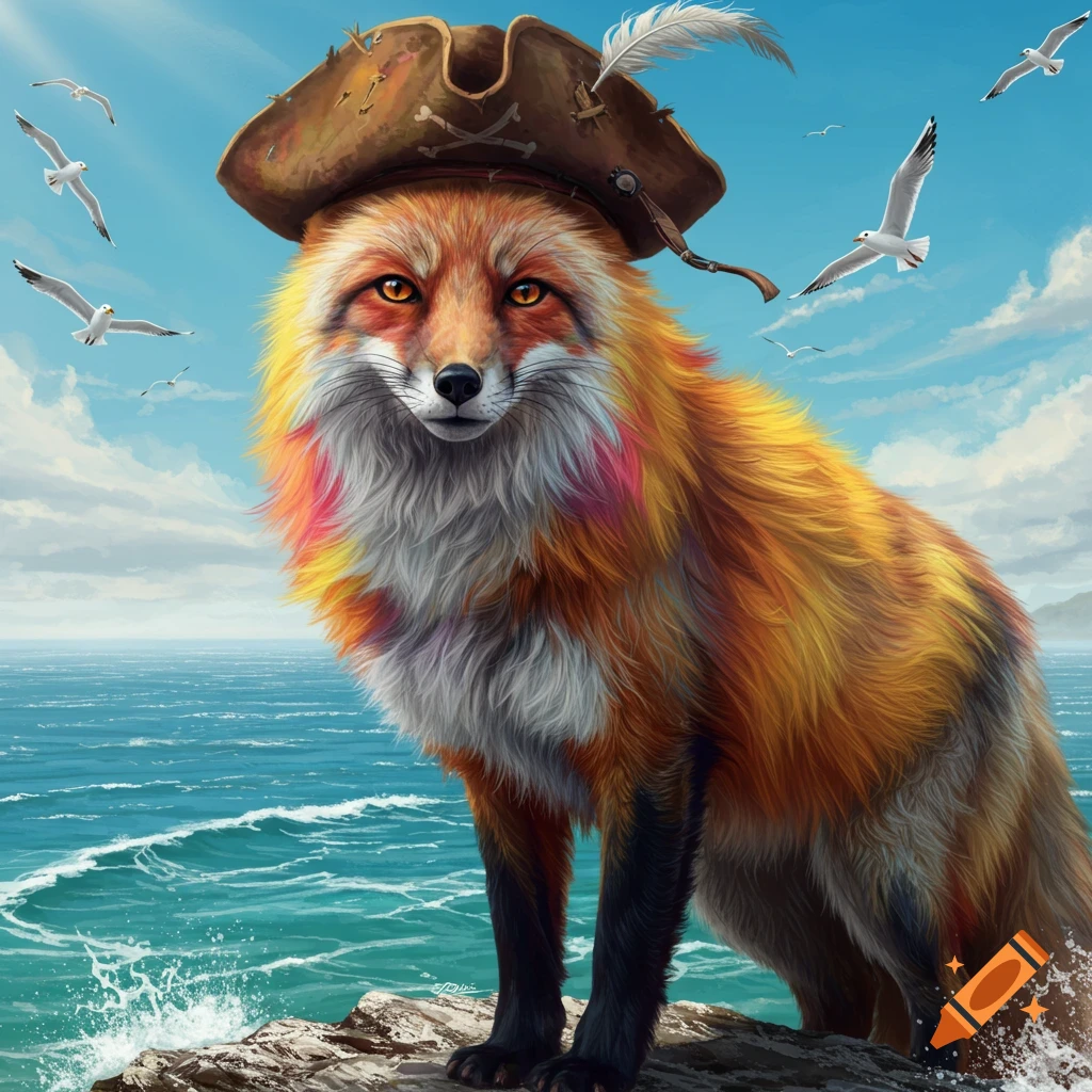 A colorful fox wearing a pirate hat stands on a rock by the ocean with seagulls flying under a blue sky.