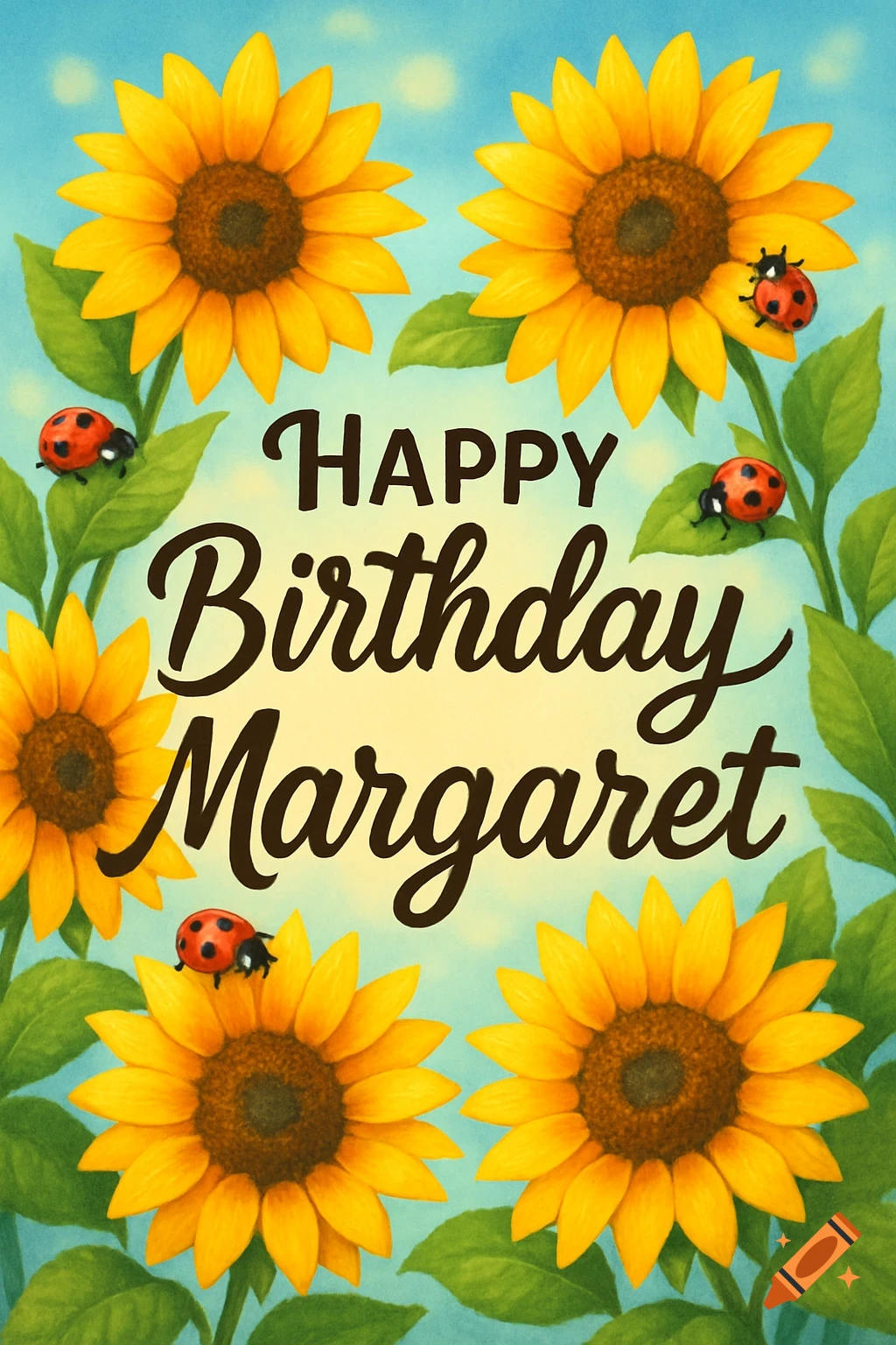 A vibrant birthday greeting card with sunflowers, ladybugs, and the text 'HAPPY Birthday Margaret' on a sunny background.