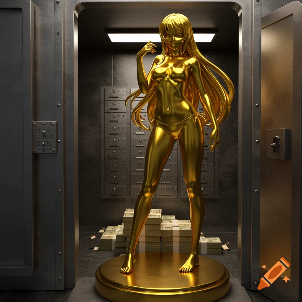 A golden anime-style statue of a woman in a bikini stands inside a bank vault filled with stacks of money.