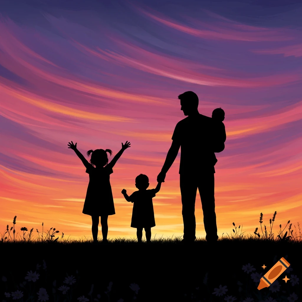 A family of four silhouetted against a vibrant sunset with a purple, pink, and orange sky, standing on a grassy hill.