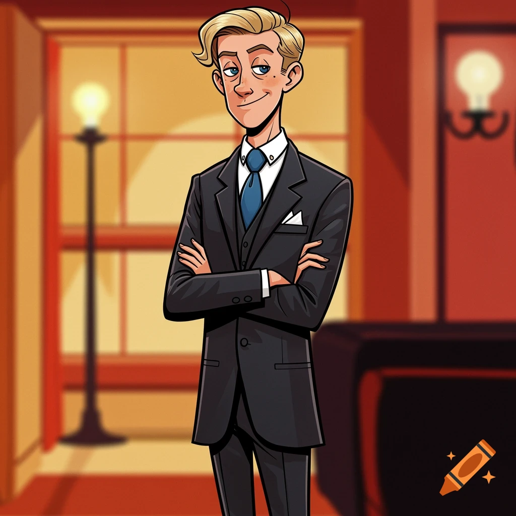 Cartoon man with blond hair and mischievous expression in a dark suit, arms crossed, in franco-belgian comic style.