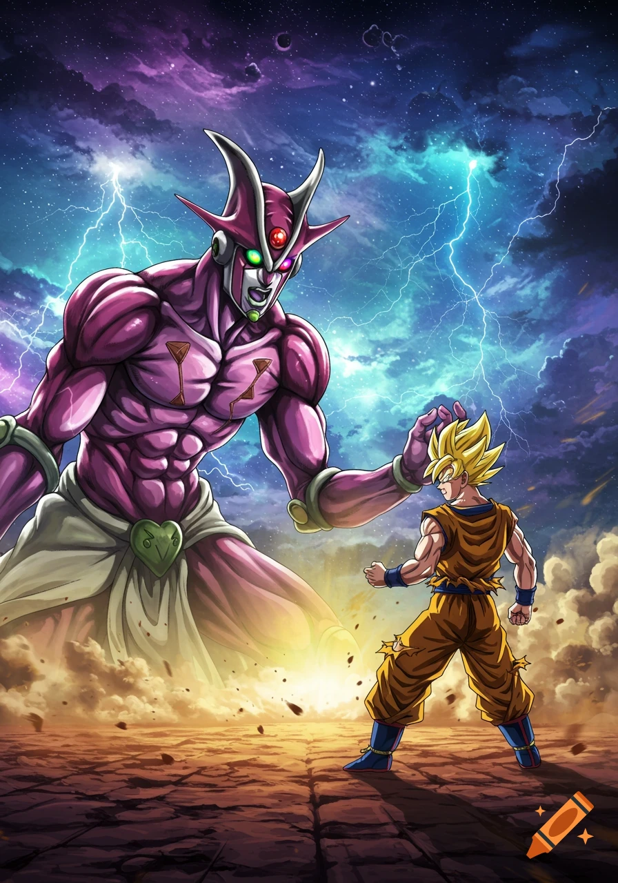Super Saiyan Goku faces a large, pink muscular alien in a dramatic anime battle scene with lightning and a cosmic sky.