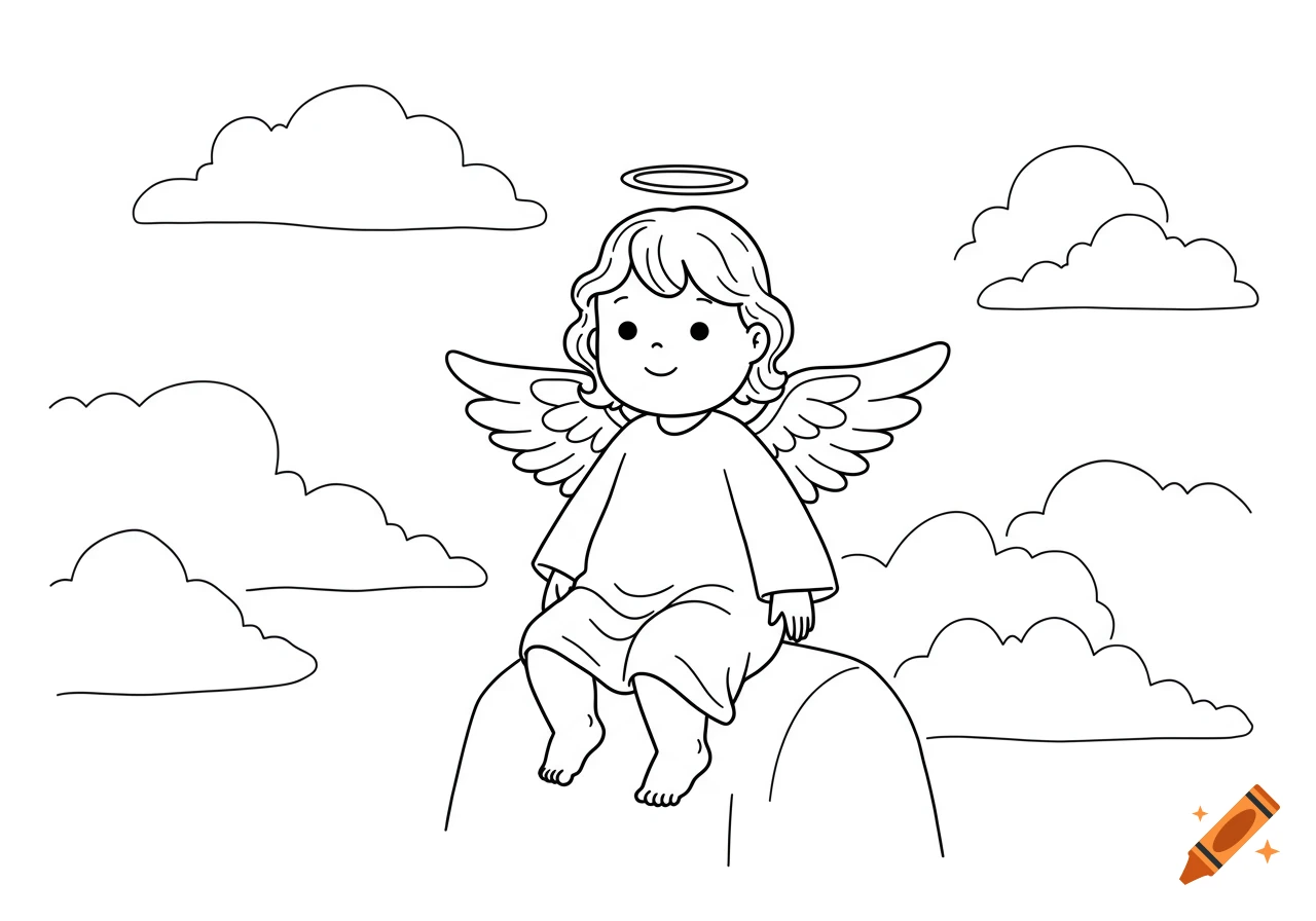 A cute, cartoon baby angel with a halo and wings sits on a cloud, surrounded by other clouds, in a black and white coloring book style.
