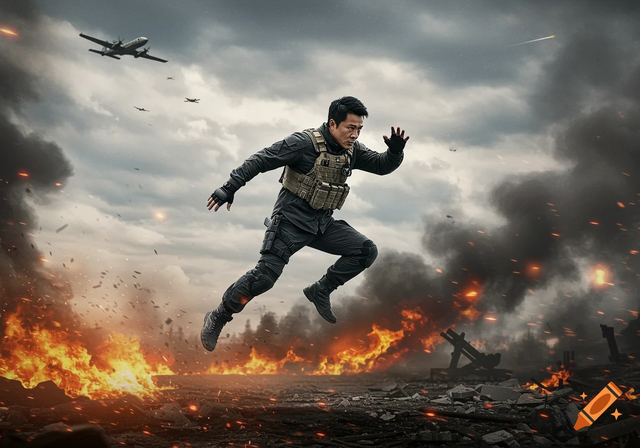 Photorealistic man in tactical gear leaping amidst explosions, fire, and smoke in a warzone with planes overhead.