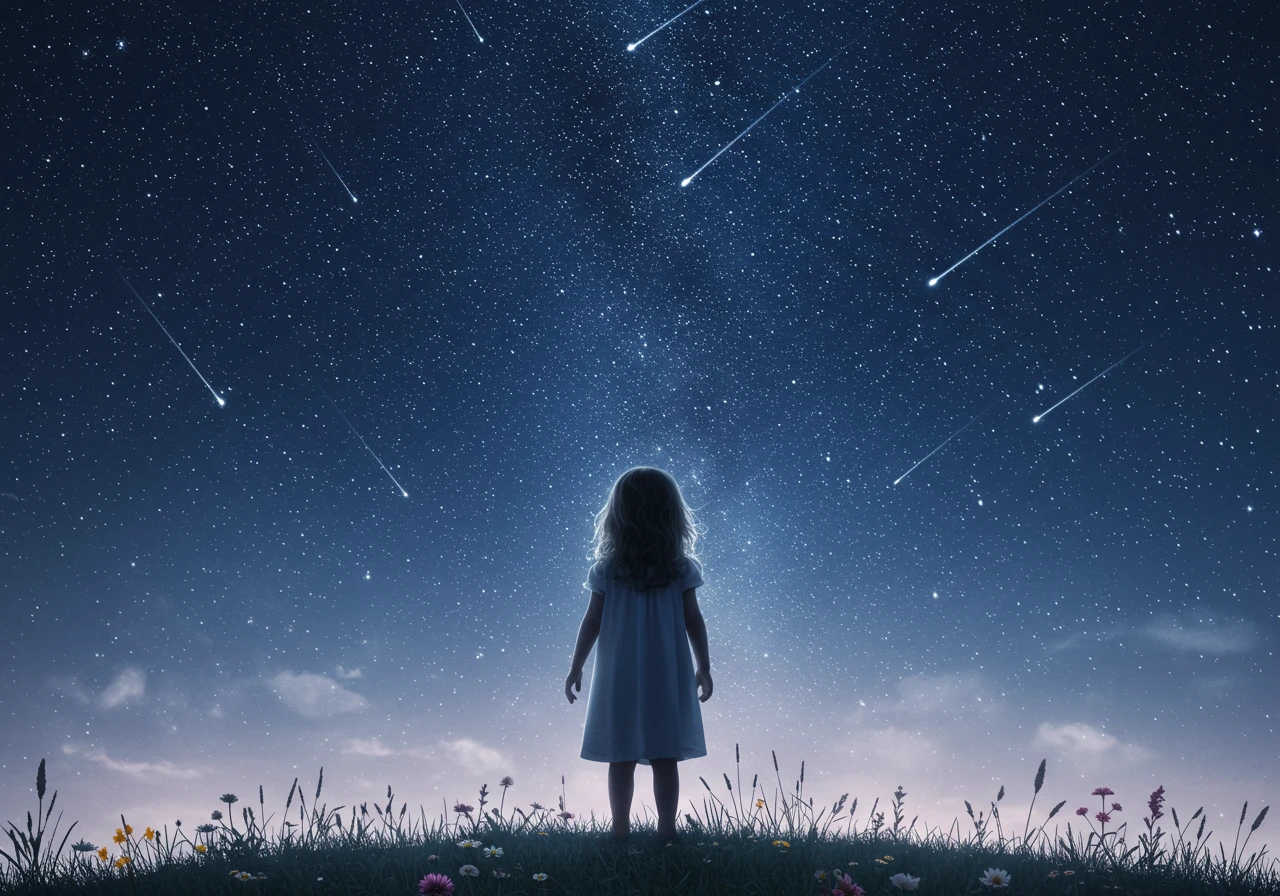 little girl watching stars in landscape format showing wide starry sky