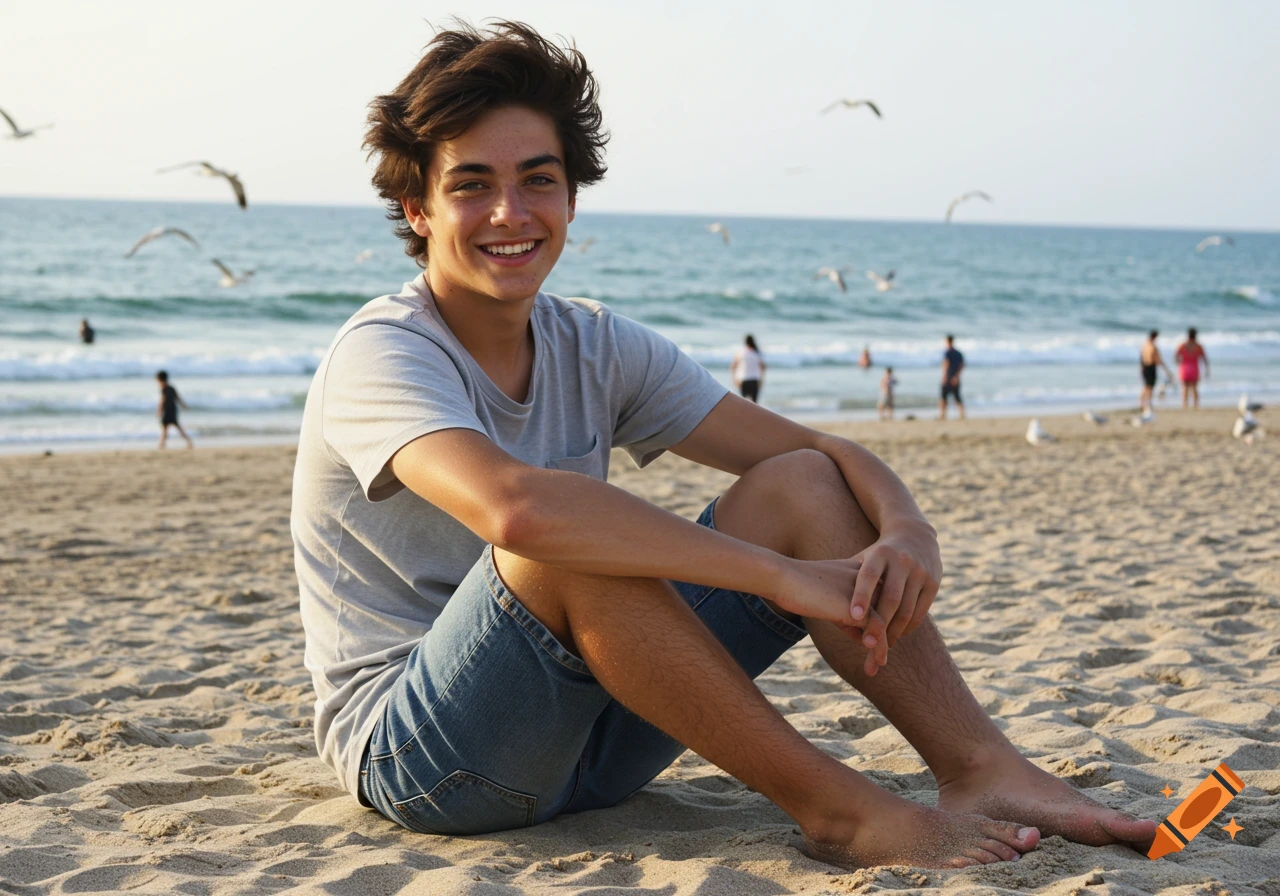 A smiling young man with dark, fluffy hair and freckles sits on a sandy beach, with the ocean and seagulls in the background.