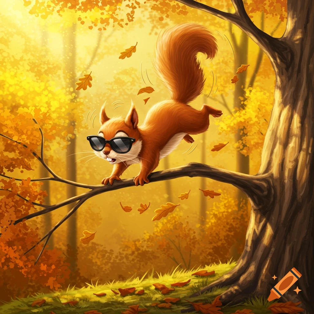 A cartoon squirrel wearing sunglasses slips on a tree branch, with autumn leaves falling in a golden forest.
