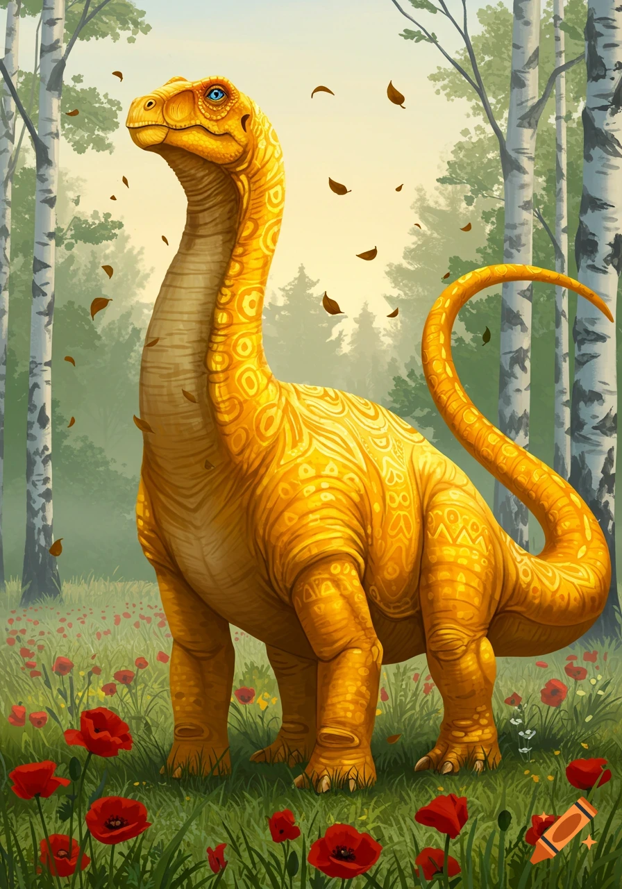 A stylized golden-yellow dinosaur with blue eyes and intricate patterns stands among red poppies and birch trees with falling leaves.