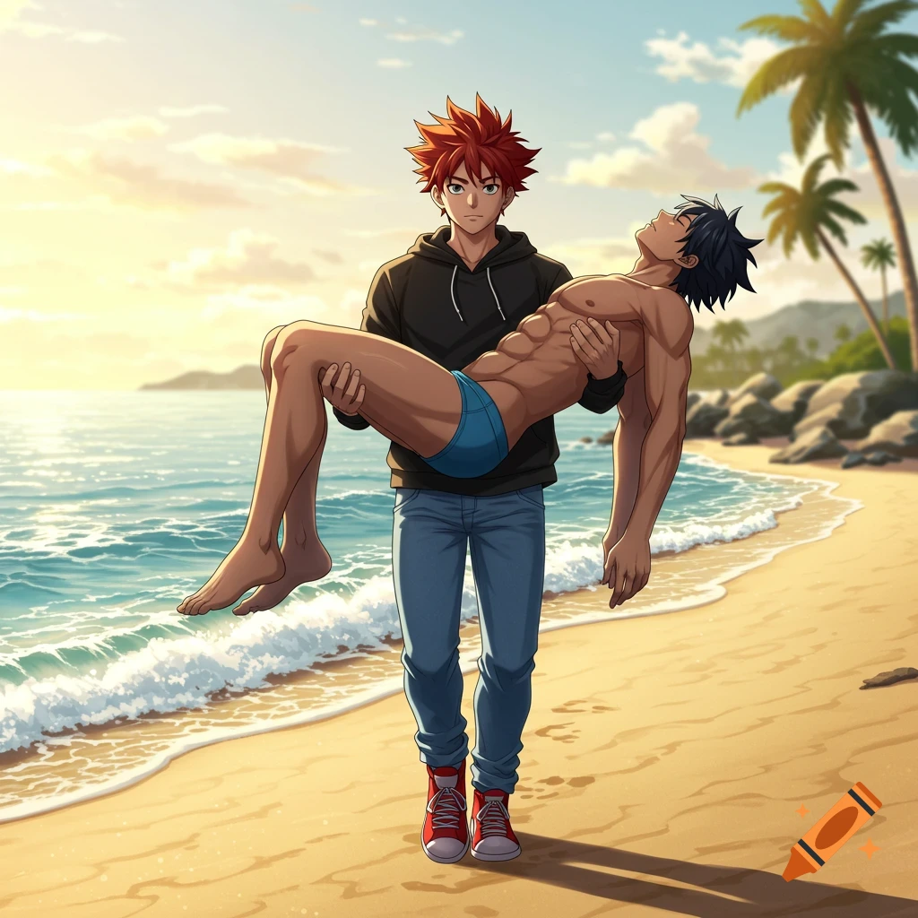 A ginger-haired anime man in a black hoodie and jeans carries an unconscious muscular man in blue briefs along a sandy beach at sunset.
