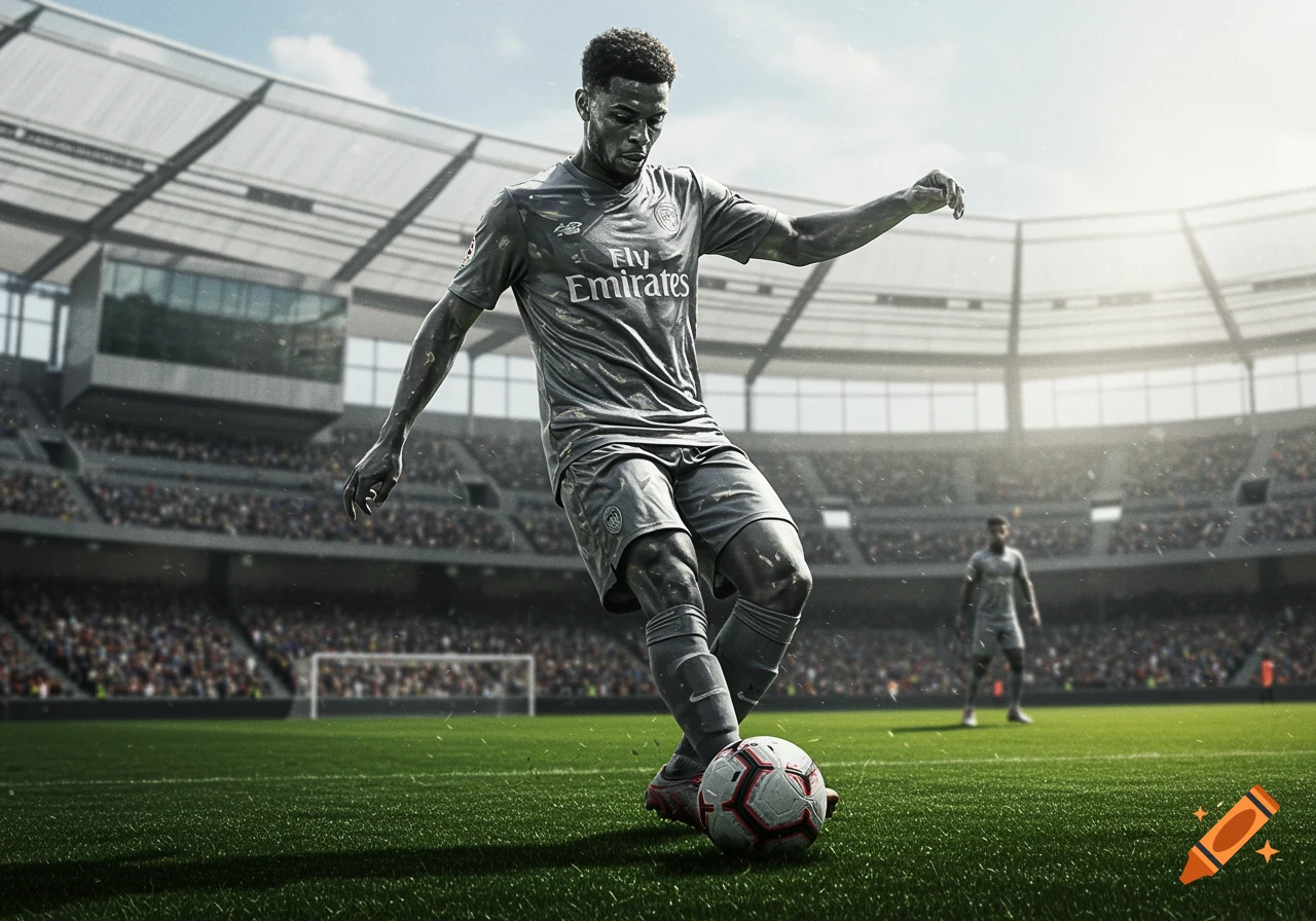 A photorealistic image of a soccer player in a grey kit about to pass a soccer ball on a green field in a large stadium.