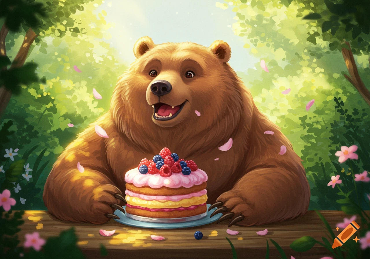 A happy brown bear sits at a wooden table in a sunlit forest, smiling at a pink and yellow cake topped with berries.