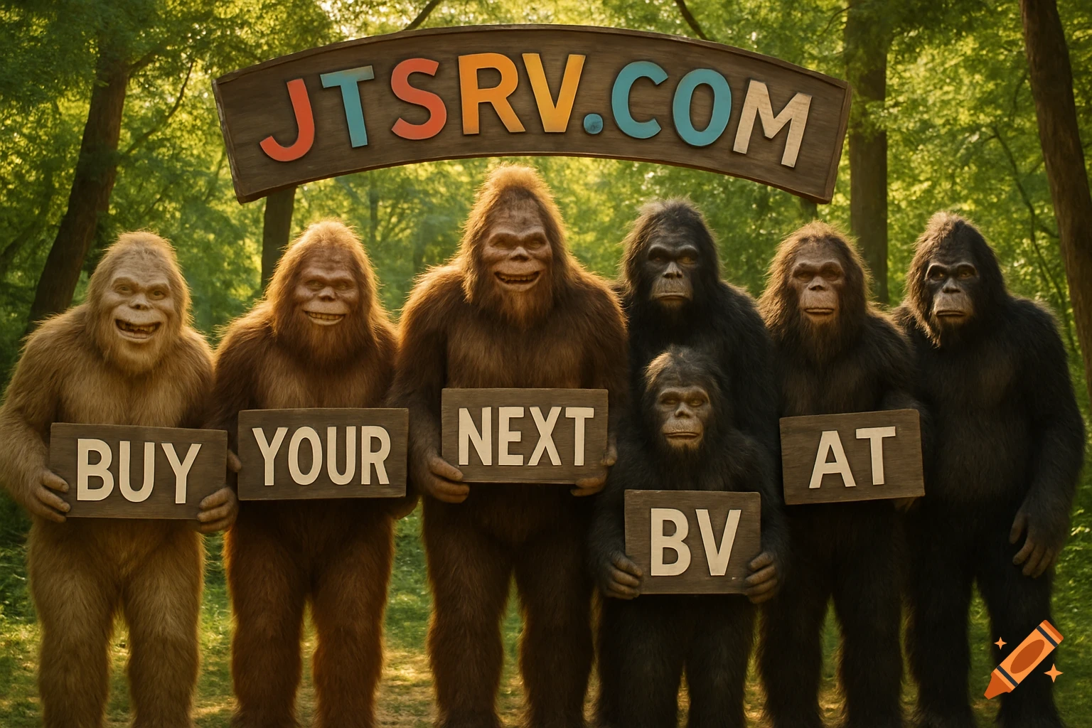 Six smiling Bigfoots in a forest hold signs that say 'BUY YOUR NEXT BV AT' below a large sign with 'JTSRV.COM'.