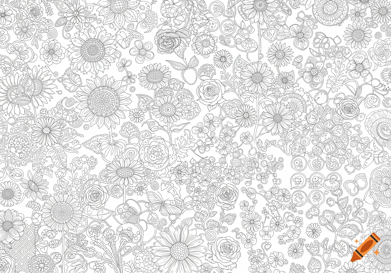 Detailed black and white line art of various flowers and botanical elements, suitable for a coloring book.