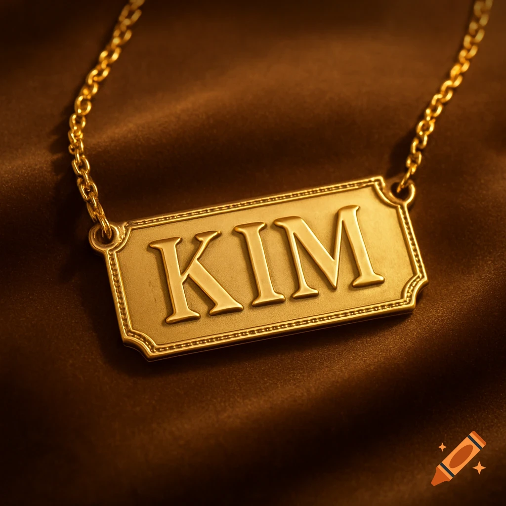 Close-up of a gold nameplate necklace with the name KIM on a brown satin background.