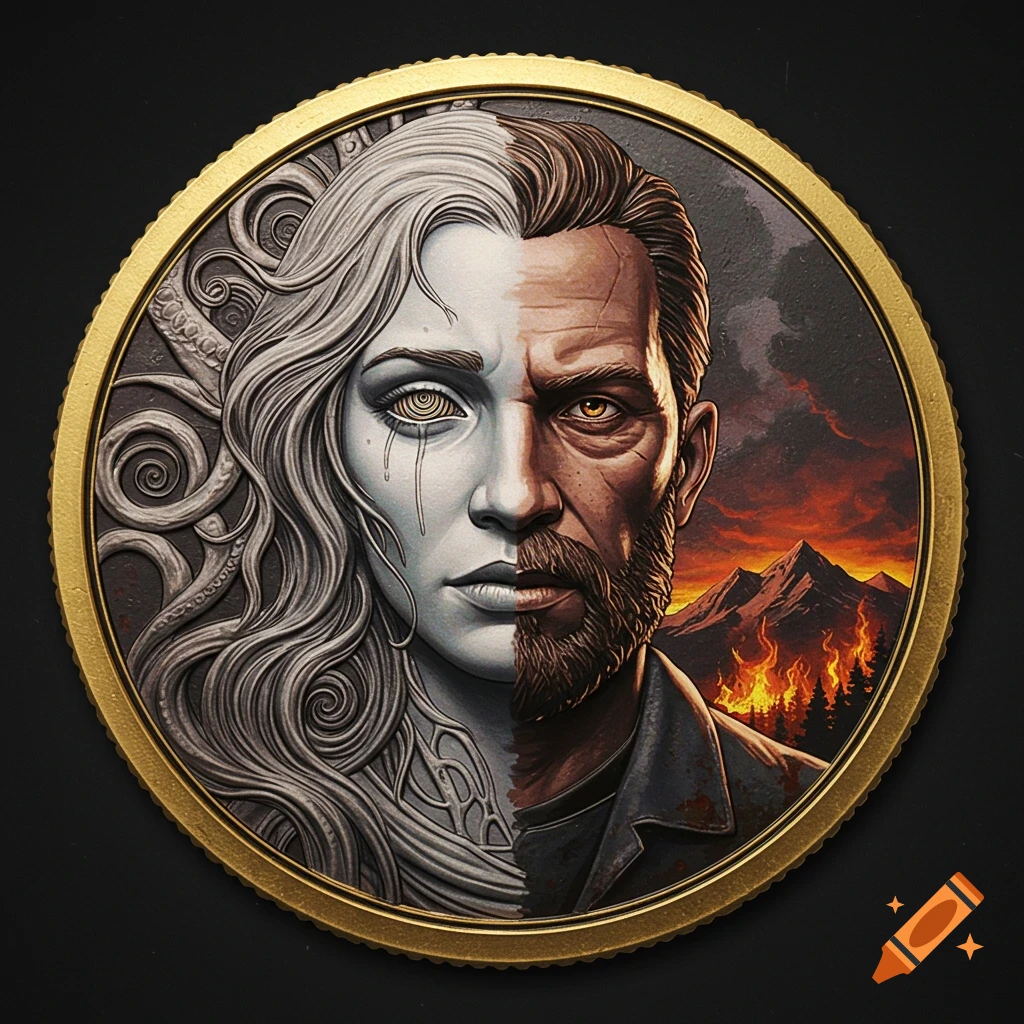 A gold-rimmed challenge coin featuring a split portrait: a pale woman with white hair and spiral eye on one side, and a bearded man with glowing yellow eyes on the other, set against fire and mountains.