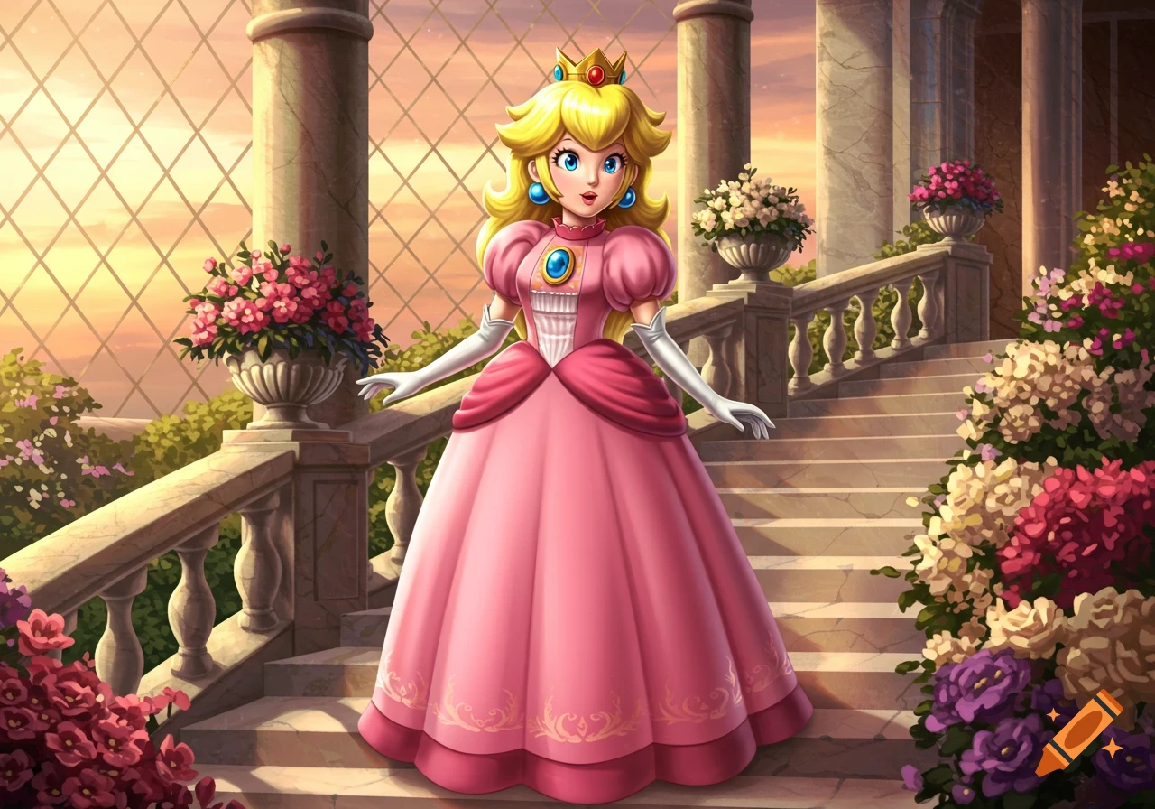 Princess Peach stands on a grand palace staircase adorned with flowers at sunset, in a vibrant illustration style.
