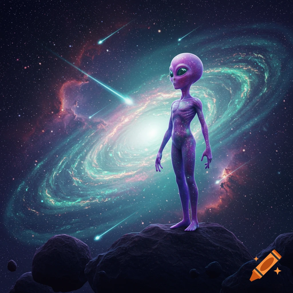 A purple alien stands on a rocky planet in front of a swirling galaxy with shooting stars.