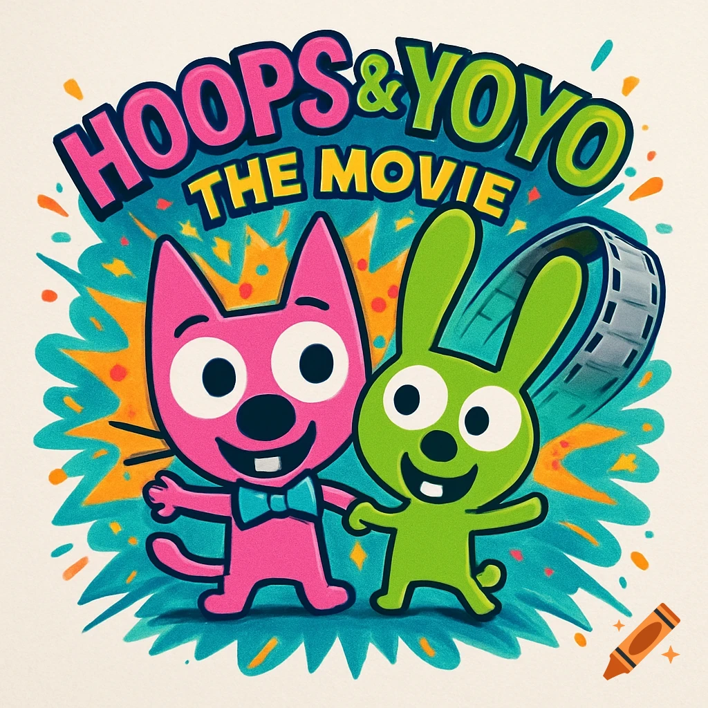 A colorful cartoon logo with a pink cat and green bunny and text 'HOOPS & YOYO THE MOVIE' on a vibrant background.