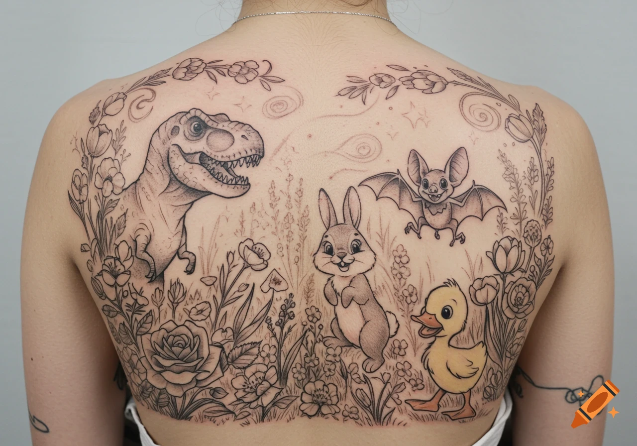 A whimsical black and white outline back tattoo featuring a T-Rex, bunny, bat, and duckling in a garden with flowers.