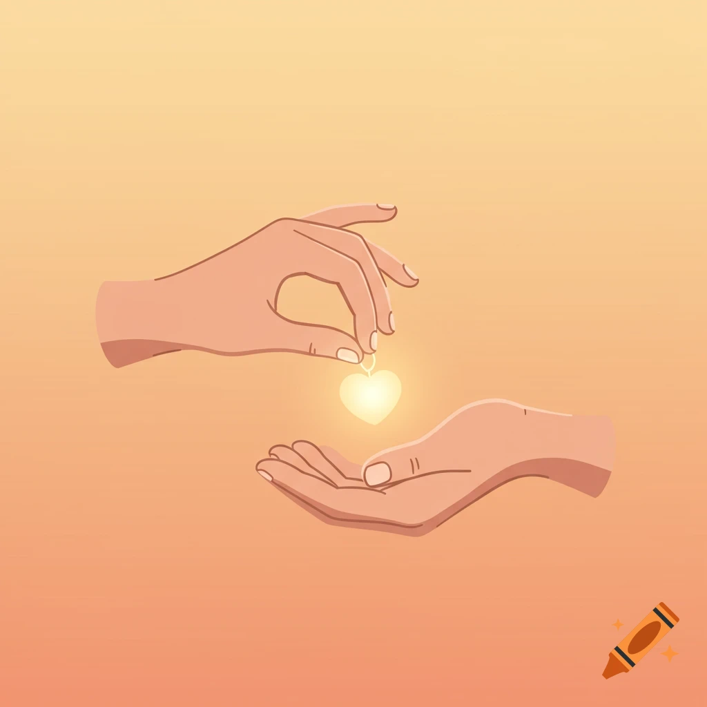 An illustration of one hand gently releasing a glowing heart into the open palm of another hand, set against a warm gradient background.
