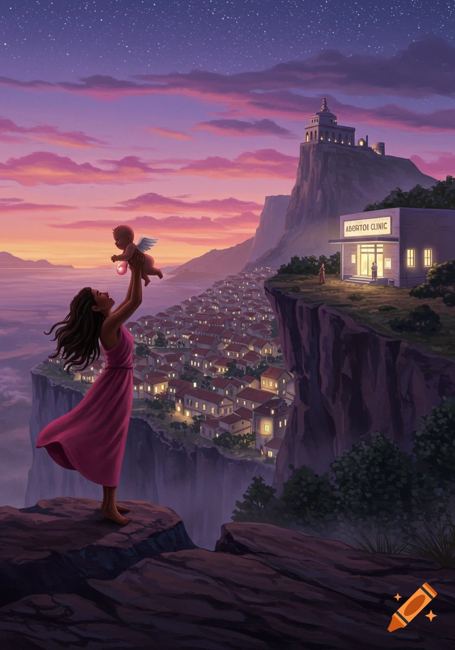 An illustration of a woman in a pink dress holding a winged baby high above her on a cliff overlooking a town and an abortion clinic at sunset.