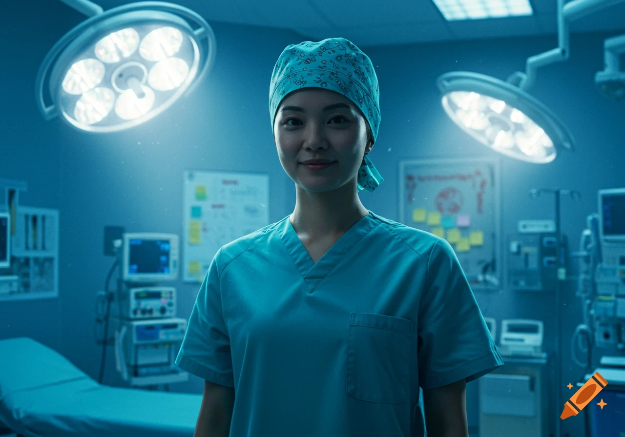 A young woman in teal scrubs and a patterned scrub cap smiles, standing in a brightly lit operating room with medical equipment in the background.