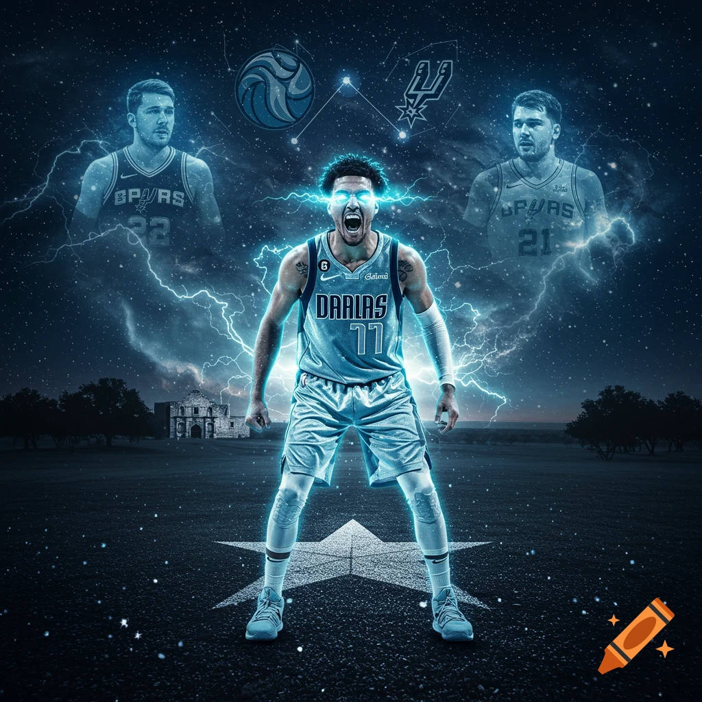 An intense basketball player with glowing blue eyes and lightning around him, flanked by ghostly figures of other players in a cosmic night sky over a Texas landscape.